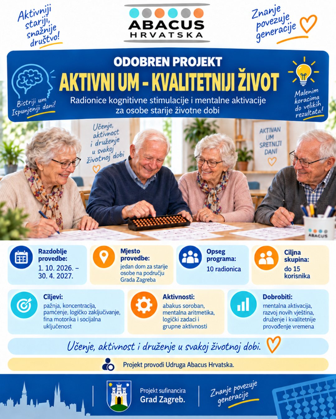 Plakat projekta Aktivni um – kvalitetniji život: odobren projekt Udruge Abacus Hrvatska uz sufinanciranje Grada Zagreba